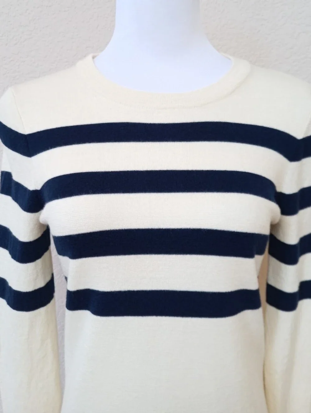 🤍 J. Crew cream and navy blue striped 100% merino wool crewneck sweater